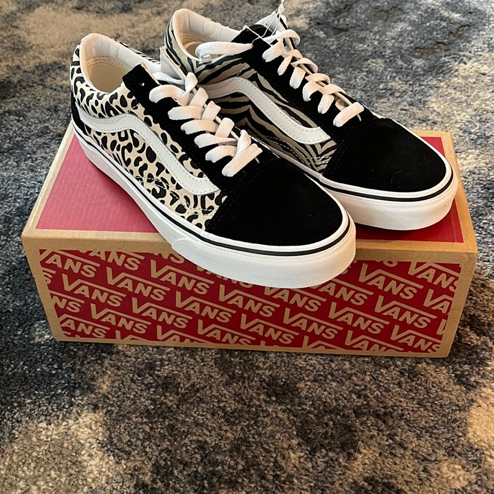 Brand New and never used. Vans animal print  old school style sneakers size 7